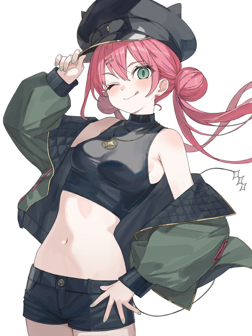 1girl :q adjusting_clothes adjusting_headwear bare_shoulders black_hat black_shoes blush breasts closed_mouth commentary commission cowboy_shot crop_top double-parted_bangs green_eyes green_jacket hair_between_eyes hand_on_own_hip hand_up hat highres jacket karyln looking_at_viewer medium_breasts navel off_shoulder one_eye_closed open_clothes open_jacket original pink_hair shoes short_shorts shorts simple_background slit_pupils solo stomach tongue tongue_out twintails white_background