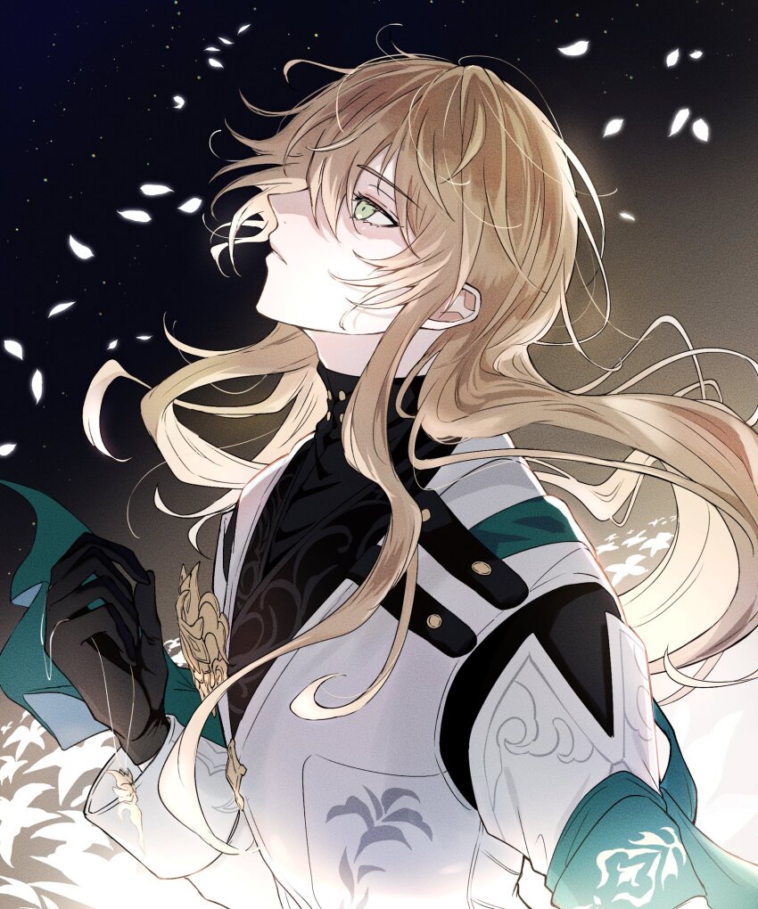 1boy aqua_armband armband black_background black_gloves black_shirt blonde_hair coat commentary_request eyelashes floating_hair flower gloves glowing glowing_flower glowing_petals gradient_background green_eyes hair_between_eyes hand_up highres honkai:_star_rail honkai_(series) hoshino_57 jewelry long_hair long_sleeves looking_up luocha_(honkai:_star_rail) male_focus parted_lips pendant pendant_removed petals shirt sidelocks simple_background sleeve_cuffs solo turtleneck upper_body white_coat white_flower yaopei