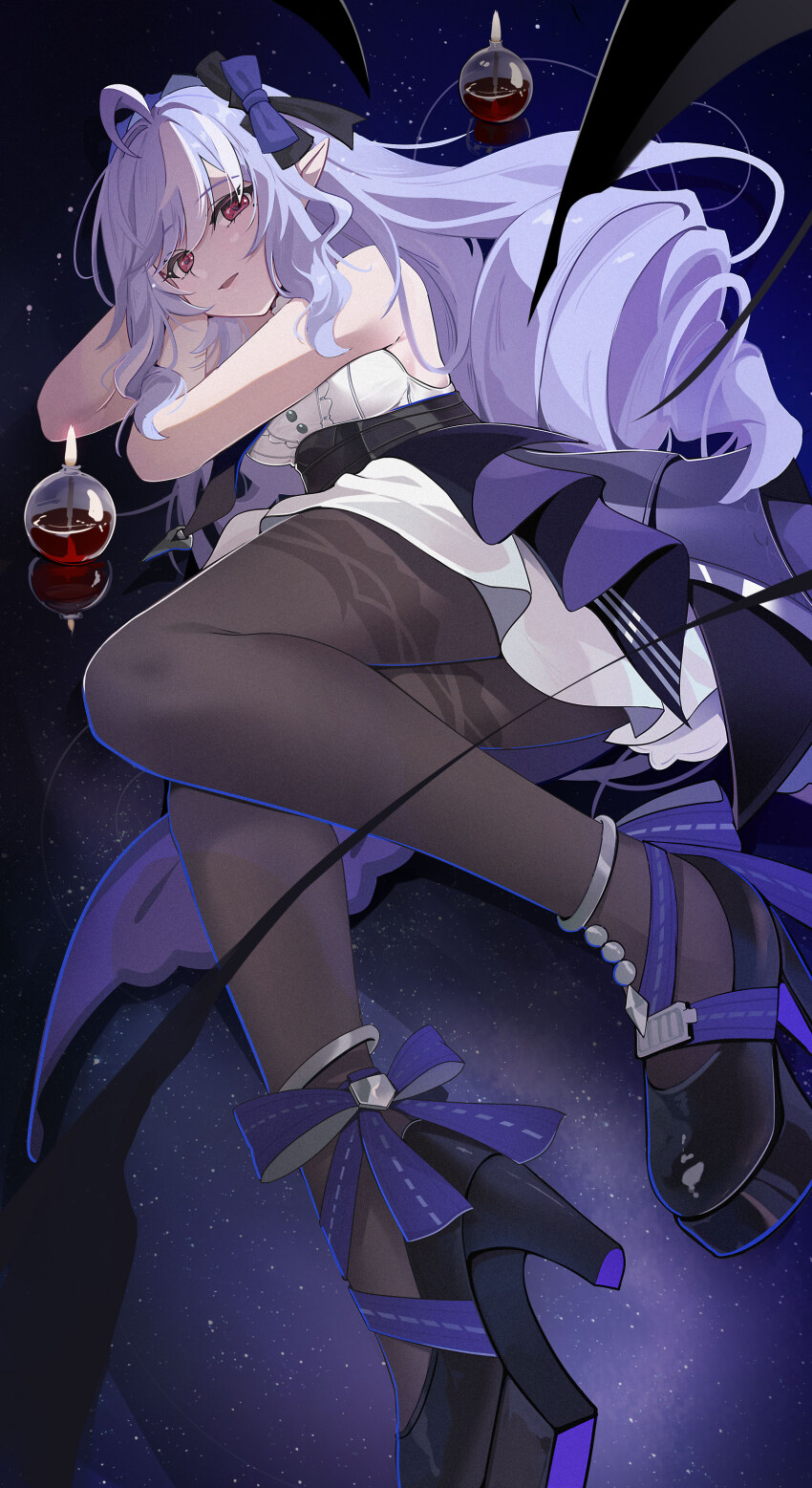 1girl absurdres ahoge bare_shoulders black_pantyhose bow breasts candle chinese_commentary commentary_request drill_hair hair_between_eyes hair_bow highres legs long_hair looking_at_viewer lying medium_breasts mole mole_under_eye on_side pantyhose parted_lips platform_heels pointy_ears purple_hair qingye_ling red_eyes sideboob solo vivian_(zenless_zone_zero) zenless_zone_zero
