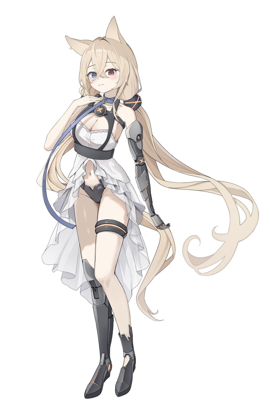 1girl absurdres animal_collar animal_ears bare_shoulders blonde_hair blue_collar blue_eyes blush breasts cleavage closed_mouth collar dress fox_ears g41_(girls&#039;_frontline) girls&#039;_frontline hair_between_eyes heterochromia highres ies_0 light_blush long_hair low_twintails mechanical_arms mechanical_legs medium_breasts red_eyes simple_background single_mechanical_arm single_mechanical_leg solo twintails
