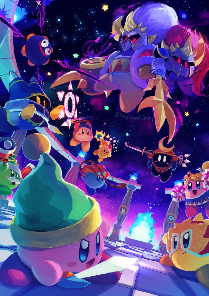 armor bandana bandana_waddle_dee beam_kirby bell bell_kirby blonde_hair blue_skin blush_stickers checkered_floor colored_skin copy_ability cowboy_hat fake_facial_hair fake_mustache fire gooey_(kirby) green_skin hammer hat helmet highres holding holding_sword holding_weapon japanese_armor kabuto_(helmet) king_dedede kirby kirby_(series) kirby_fighters_2 luchador_mask magolor mask meta_knight multiple_persona ninja_kirby nintendo no_humans pink_skin polearm pom_pom_(cheerleading) rayman_limbs shadow_kirby sky smile solid_oval_eyes spear staff_kirby star_(sky) star_(symbol) starry_sky suyasuyabi sword sword_kirby weapon whip whip_kirby