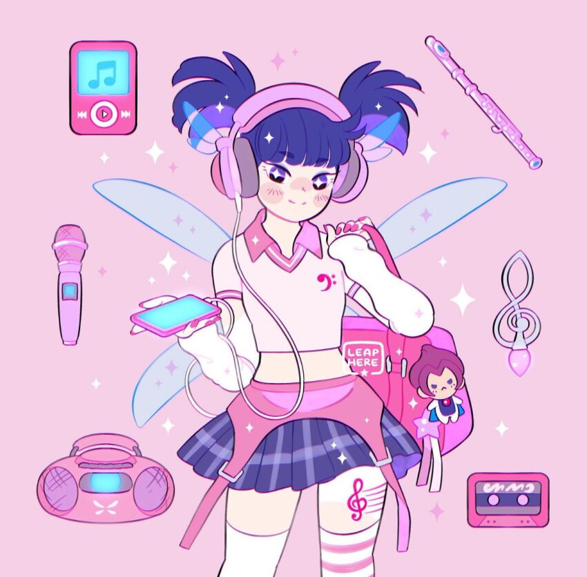 +_+ 1girl adapted_costume artist_name bag bag_charm blue_hair blue_skirt blue_wings blunt_bangs blunt_ends blush_stickers cable cassette_tape cellphone character_charm charm_(object) closed_mouth collared_shirt commentary cowboy_shot digital_media_player english_commentary eyelashes fairy fairy_wings flute gyaru headphones holding holding_bag holding_phone instrument leaphere leg_tattoo listening_to_music looking_at_viewer microphone midriff miniskirt mismatched_thighhighs musa_(winx_club) musical_note musical_note_print musical_note_tattoo nail_polish phone pink_background pink_bag pink_nails pink_shirt pink_thighhighs plaid_clothes plaid_skirt pleated_skirt purple_eyes radio riven_(winx_club) school_bag shirt short_hair short_sleeves short_twintails simple_background skirt smartphone smile solo sparkling_eyes standing star_(symbol) striped_clothes striped_thighhighs tattoo thighhighs treble_clef twintails two-tone_thighhighs watermark white_arm_warmers white_thighhighs winged_headphones wings winx_club