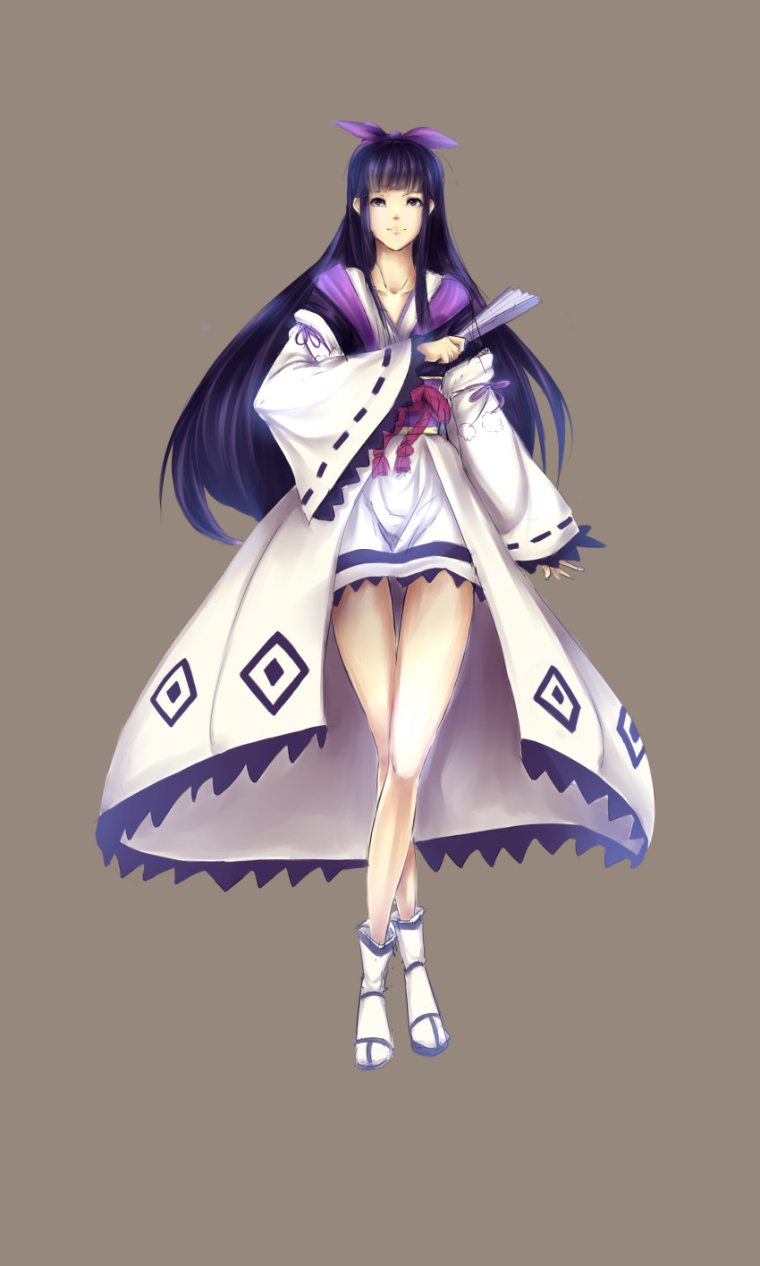 00s 1girl absurdres aerlai ayanokouji_kanna crossed_legs female_focus full_body hair_ribbon hand_fan highres japanese_clothes long_hair maplestory miko purple_eyes purple_hair ribbon simple_background skirt smile solo standing tabi very_long_hair watson_cross wide_sleeves