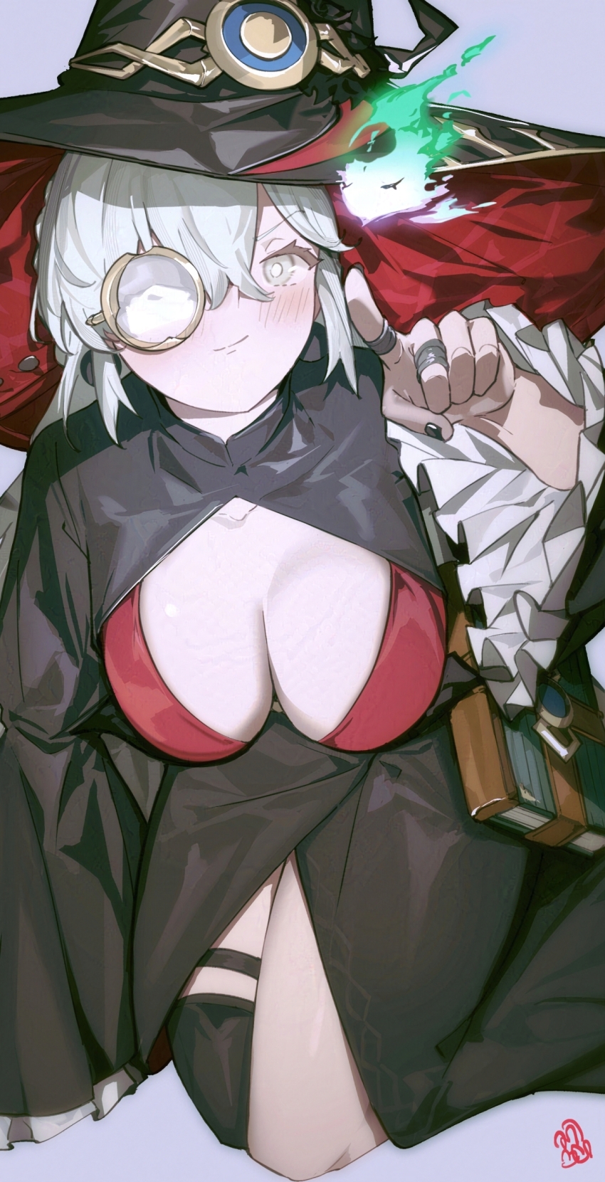 1girl black_coat black_hat black_thighhighs bra breasts breasts_out cleavage coat diabellstar_the_black_witch duel_monster fire full_body green_fire grey_background grey_hair hat highres kneeling monochrome monocle official_alternate_costume official_alternate_hairstyle red_bra sen-jou simple_background single_thighhigh solo thighhighs underwear witch witch_hat yu-gi-oh!