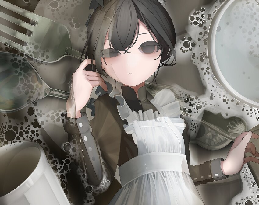 1girl apron black_dress black_eyes black_hair closed_mouth cup dress expressionless fork frilled_apron frills hair_between_eyes hand_up highres long_sleeves looking_at_viewer lying_on_water maid mini_person minigirl original plate short_hair sink soap_bubbles solo spoon test_norma1 water white_apron