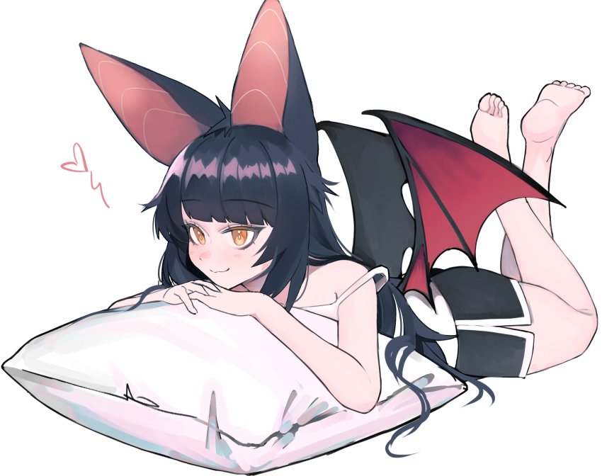 animal_ears bat_ears bat_girl bat_wings black_hair feet heart highres indie_virtual_youtuber kumaartsu legs_up lying monster_girl moriko_kyoho on_stomach orange_eyes pillow virtual_youtuber wings