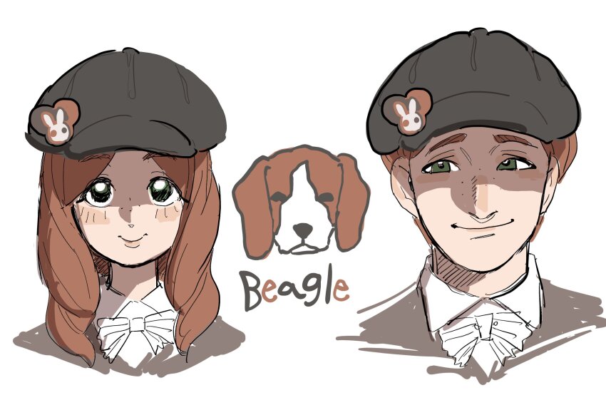 1boy 1girl animal_name beagle black_hat bow brown_hair closed_mouth creature_and_personification dancho_no_mori dog freckles green_eyes hat highres long_hair newsboy_cap original parted_bangs personification short_hair simple_background smile white_background white_bow