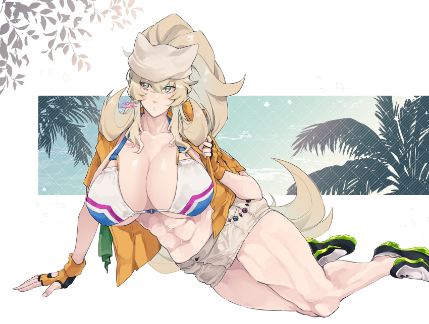 1girl abs barghest_(fate) barghest_(swimsuit_archer)_(fate) barghest_(swimsuit_archer)_(final_ascension)_(fate) barghest_(swimsuit_archer)_(first_ascension)_(fate) biceps bikini blonde_hair breasts cleavage collarbone fate/grand_order fate_(series) fingerless_gloves gloves green_eyes grey_hat grey_skirt hat high_ponytail highres horns huge_breasts long_hair looking_to_the_side midriff miniskirt multicolored_bikini muscular muscular_female navel neckerchief orange_gloves orange_shirt pencil_skirt ponytail shirt shoes short_sleeves sidelocks skirt sneakers solo swimsuit thick_thighs thighs tied_shirt ushinoyavi white_bikini