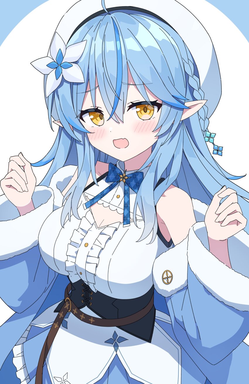 1girl absurdres ahoge bare_shoulders blue_bow blue_bowtie blue_coat blue_hair blue_skirt blush bow bowtie breasts cleavage coat commentary_request elf fang frilled_skirt frills hair_between_eyes hands_up hat highres hololive kaie large_breasts long_hair long_sleeves looking_at_viewer multicolored_hair off_shoulder open_clothes open_coat open_mouth pleated_skirt pointy_ears shirt skin_fang skirt sleeveless sleeveless_shirt solo streaked_hair upper_body virtual_youtuber white_background white_hat white_shirt yellow_eyes yukihana_lamy yukihana_lamy_(1st_costume)