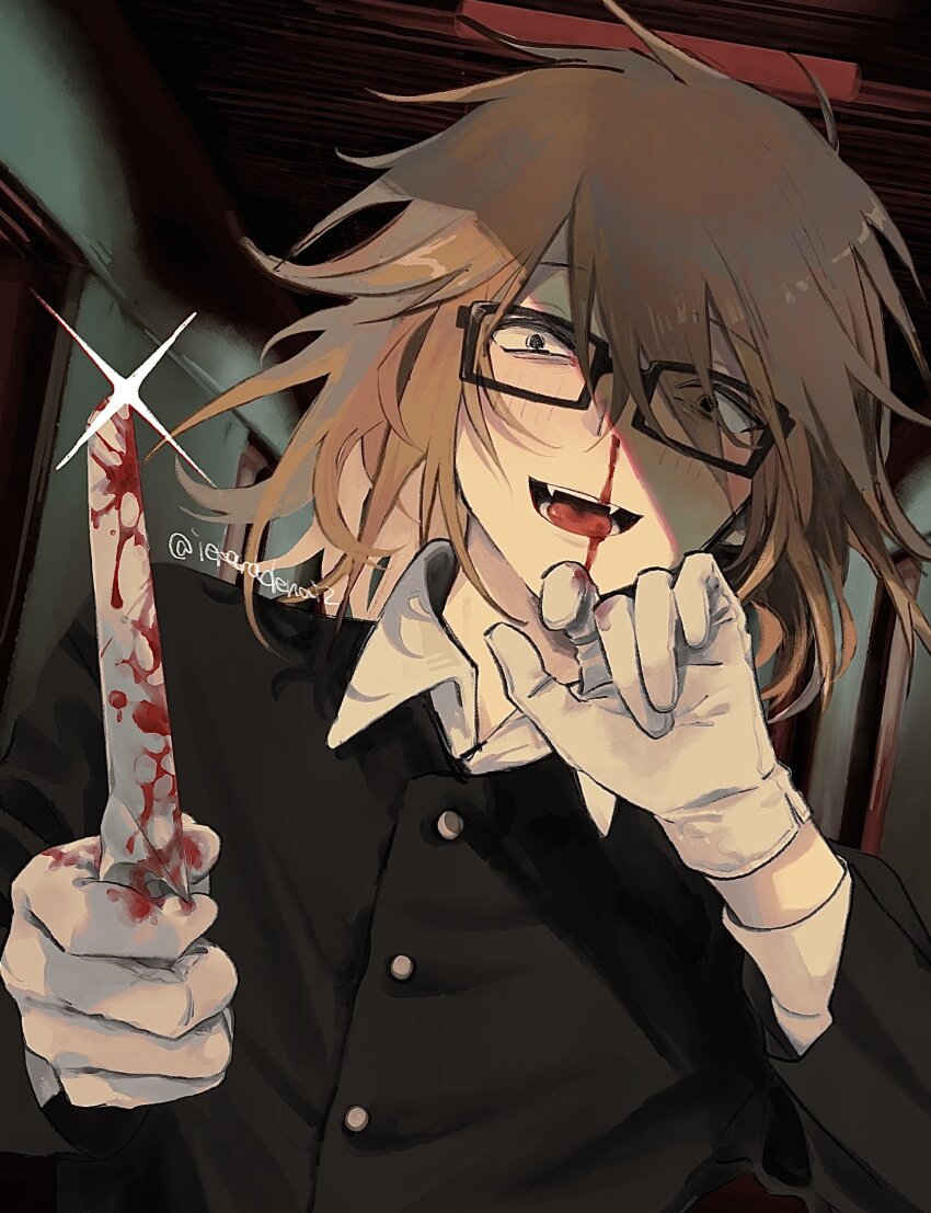 1boy absurdres black-framed_eyewear black_eyes black_jacket blood bloody_knife brown_hair collared_shirt glasses gloves highres holding holding_knife iekaradenai2 jacket knife long_sleeves looking_at_viewer male_focus medium_hair nosebleed open_mouth randal&#039;s_friends randal_ivory rectangular_eyewear shirt solo twitter_username white_gloves white_shirt