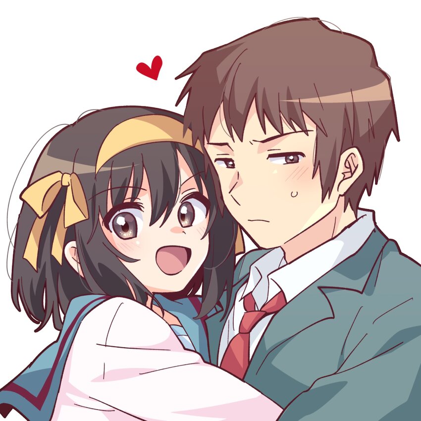 :d blazer blue_sailor_collar blush brown_eyes brown_hair closed_mouth collared_shirt green_jacket hair_ribbon hairband heart highres hug jacket kita_high_school_uniform kyon long_sleeves medium_hair necktie open_mouth red_necktie ribbon sailor_collar school_uniform serafuku shirt short_hair simple_background smile suzumiya_haruhi suzumiya_haruhi_no_yuuutsu sweatdrop taiki_(6240taiki) tongue white_background white_shirt winter_uniform yellow_hairband yellow_ribbon