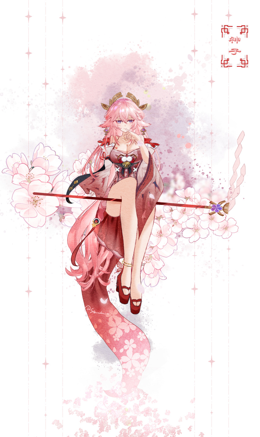 1girl absurdres animal_ears bare_legs bare_shoulders blush breasts character_name cherry_blossoms chinese_commentary cleavage collarbone commentary detached_sleeves dress earrings floral_background flower fox_ears full_body genshin_impact gohei gold_anklet hair_between_eyes highres jewelry large_breasts long_hair pink_eyes pink_flower pink_hair red_dress red_footwear sakuradani signature sitting sleeveless sleeveless_dress solo staff_riding very_long_hair white_background wide_sleeves yae_miko