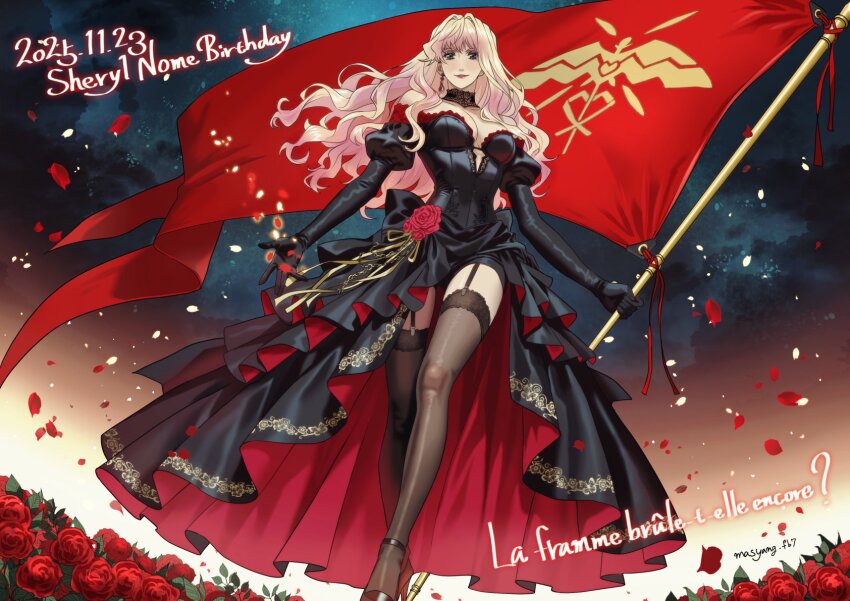 1girl alternate_costume birthday black_dress black_gloves black_shoes blonde_hair blue_eyes blush breasts brown_thighhighs character_name closed_mouth commentary_request dated dress earrings falling_petals flag flower garter_straps gloves high_heels highres holding holding_flag jewelry lace lace-trimmed_thighhighs lace_trim large_breasts long_hair long_sleeves looking_at_viewer macross macross_frontier off-shoulder_dress off_shoulder petals puffy_sleeves red_flower red_petals red_rose rose ryu_(masu_nantoka-san) sheryl_nome shoes single_earring solo standing thighhighs twitter_username two-sided_dress two-sided_fabric wavy_hair