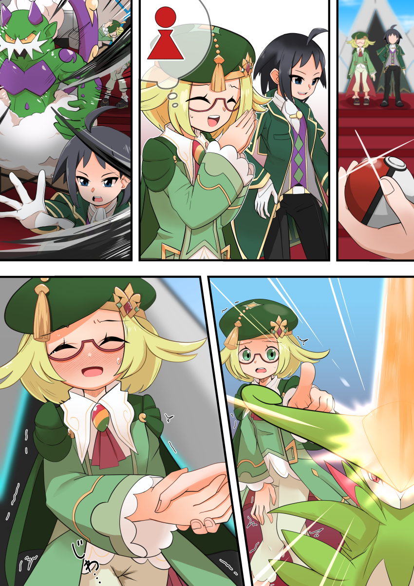 1girl 2boys ahoge arm_up ascot bathroom_sign belt beret bianca_(champion)_(pokemon) bianca_(pokemon) black_hair black_pants blonde_hair blue_eyes blush bob_cut breast_pocket cape cheren_(champion)_(pokemon) cheren_(pokemon) coat colored_sclera colored_skin comic emphasis_lines facial_hair flat_chest gem gen_5_pokemon glasses glint gloves glowing green_cape green_coat green_gemstone green_hat green_skin grey_pants hair_flaps hands_up handshake happy hat have_to_pee holding holding_poke_ball horns knees_together_feet_apart legendary_pokemon light_blush long_sleeves looking_afar mizuumi_(expanse_lake) multicolored_skin multicolored_vest multiple_boys multiple_views muscular muscular_male mustache necktie nervous_smile nintendo nose_blush open_clothes open_coat open_mouth outstretched_arm own_hands_together pants peeing peeing_self pocket pointing pointing_at_viewer poke_ball poke_ball_(basic) pokemon pokemon_(creature) pokemon_masters_ex purple_horns purple_skin raised_eyebrows red-framed_eyewear red_ascot red_eyes red_gemstone semi-rimless_eyewear short_hair smile speech_bubble spread_fingers sweat tassel tears teeth thought_bubble tie_clip tornadus tornadus_(incarnate) trembling two-tone_skin virizion wet_pants white_eyes white_gloves white_hair white_necktie yellow_sclera