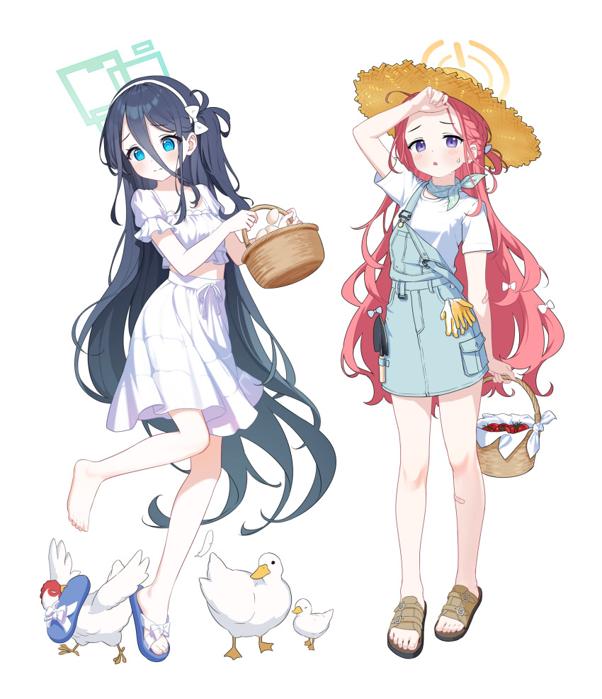 2girls absurdres alternate_costume aris_(blue_archive) barefoot basket bird blue_archive blue_dress blue_eyes blue_sandals blush chicken closed_mouth dress egg forehead goose greyscale hair_between_eyes hairband hat highres holding holding_basket long_hair monochrome multiple_girls one_side_up open_mouth purple_eyes red_hair sandals shirt sidelocks smile straw_hat supersugar sweatdrop toes tomato white_dress white_hairband white_shirt yuzu_(blue_archive)