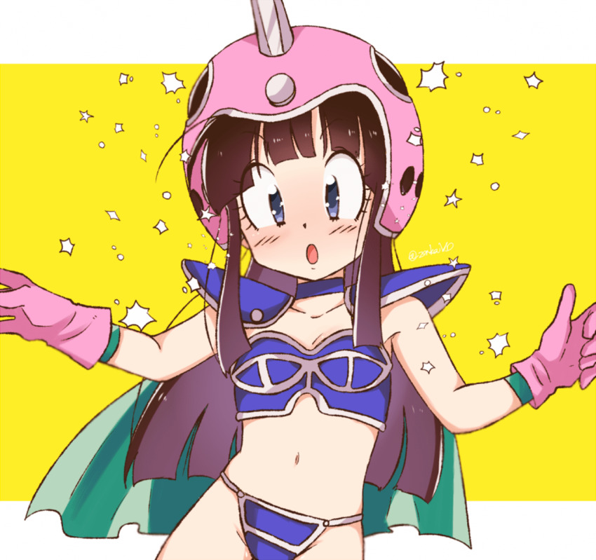 1girl armor arms_up bikini bikini_armor black_hair blue_bikini blue_eyes breasts cape chi-chi_(dragon_ball) dragon_ball dragon_ball_(classic) gloves green_cape haebara_zanka helmet highres long_hair navel open_mouth pink_gloves pink_helmet shoulder_armor small_breasts solo swimsuit upper_body