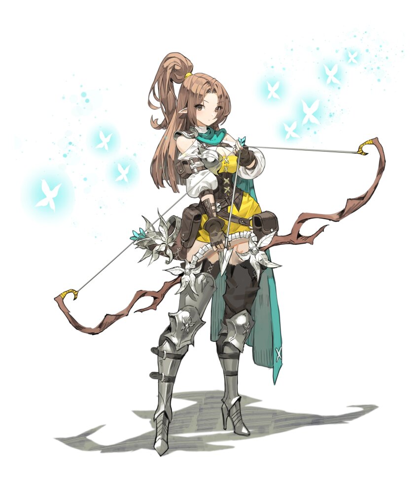 1girl absurdres armor armored_boots arowana2111 arrow_(projectile) asymmetrical_footwear belt black_thighhighs blush boots bow_(weapon) breasts brown_belt brown_eyes brown_hair cape cleavage cleavage_cutout clothing_cutout commentary dress elf english_commentary expressionless full_body highres holding holding_arrow holding_bow_(weapon) holding_weapon lips medium_breasts original pauldrons pointy_ears ponytail revealing_clothes scabbard shadow sheath short_dress shoulder_armor shoulder_cutout solo thighhighs underbust uneven_footwear weapon yellow_dress