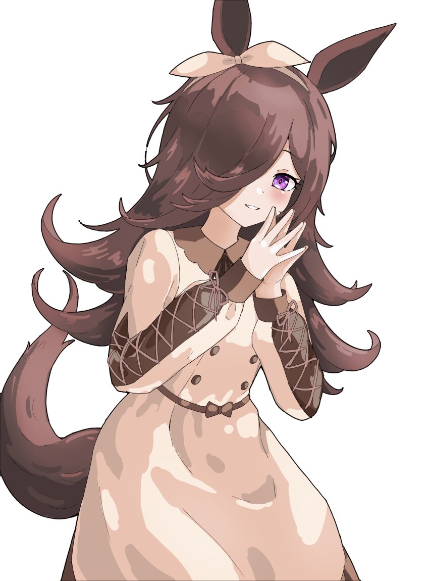 1girl absurdres animal_ears blush bow_hairband brown_dress brown_hair brown_hairband brown_ribbon casual collared_dress ddrawins dress flipped_hair hair_over_one_eye hairband highres horse_ears horse_girl horse_tail long_hair long_sleeves looking_at_viewer official_alternate_costume parted_lips purple_eyes ribbon rice_shower_(casual)_(umamusume) rice_shower_(umamusume) simple_background smile solo tail umamusume white_background