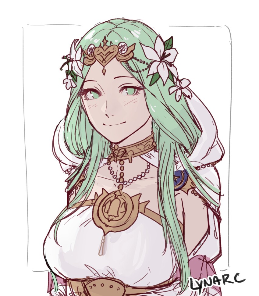 1girl artist_name breasts closed_mouth commentary fire_emblem fire_emblem:_three_houses flower green_eyes green_hair hair_flower hair_ornament highres inset_border large_breasts long_hair lynarc nintendo official_alternate_costume outside_border rhea_(aura_of_love)_(fire_emblem) rhea_(fire_emblem) simple_background smile solo upper_body white_background white_flower