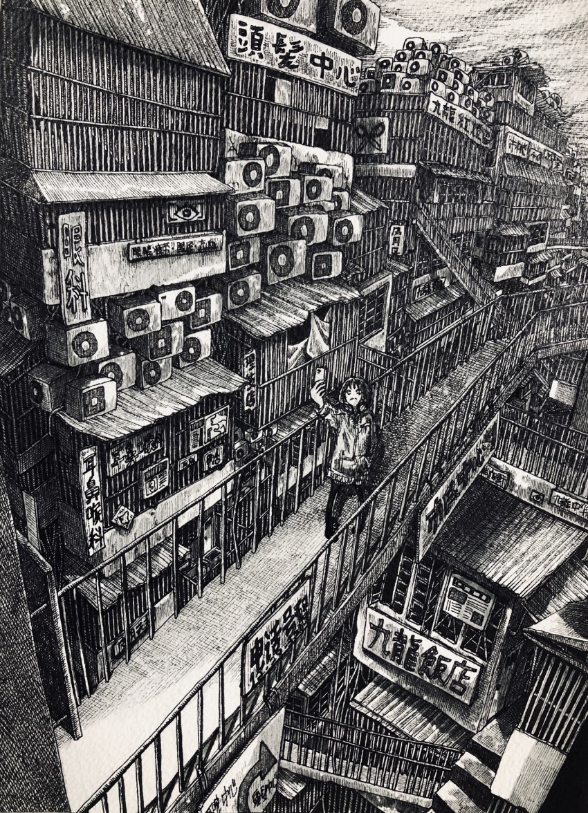 1girl air_conditioner apartment balcony barred_window cellphone city cityscape graphite_(medium) greyscale highres holding holding_phone ibsukionsen jacket looking_at_object medium_hair monochrome original phone scenery sign smartphone solo traditional_media