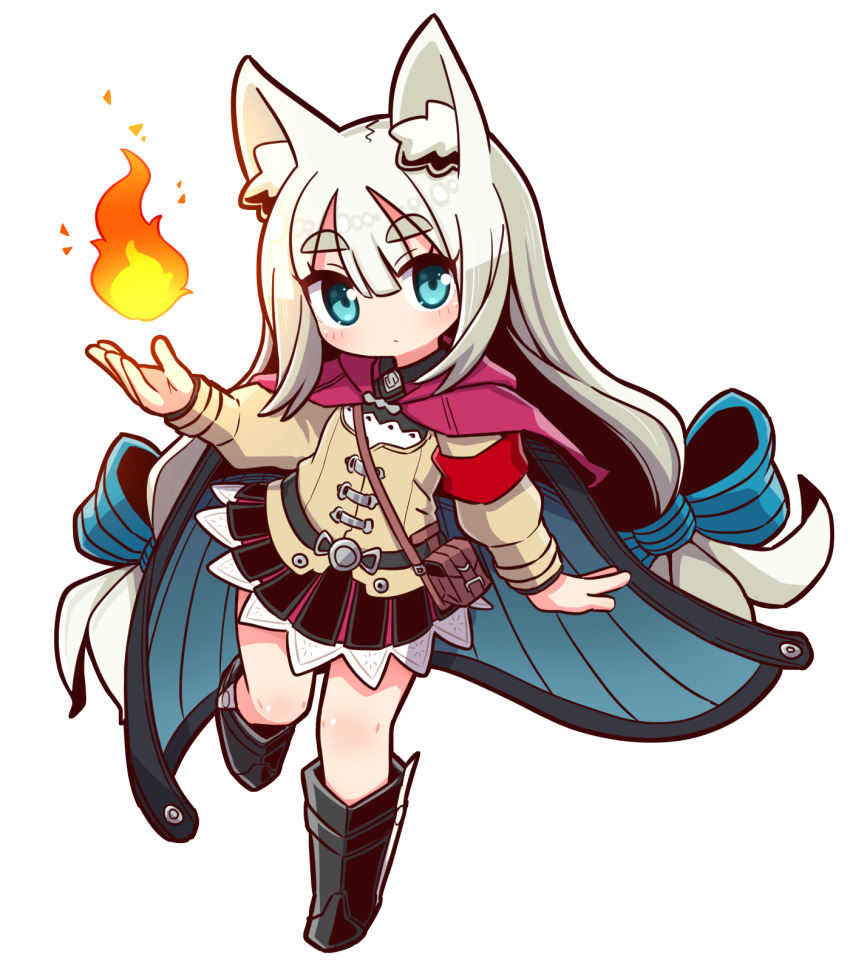 1girl 7th_dragon 7th_dragon_(series) 7th_dragon_2020 7th_dragon_2020-ii animal_ear_fluff animal_ears armband bag black_boots black_cape black_skirt blue_bow blue_cape blue_eyes blush boots bow brown_jacket cape capelet closed_mouth commentary_request fire full_body grey_hair hair_between_eyes hair_bow hand_up highres ikurakun_(7th_dragon) jacket knee_boots long_hair long_sleeves looking_at_viewer mage_(7th_dragon) naga_u pleated_skirt puffy_long_sleeves puffy_sleeves purple_capelet short_eyebrows shoulder_bag simple_background skirt solo standing standing_on_one_leg striped_bow thick_eyebrows very_long_hair white_background