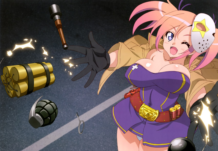 1girl absurdres blue_eyes breasts cleavage explosive fang female_focus gloves grenade highres huge_breasts mask nashida_oriha non-web_source nyantype official_art one_eye_closed open_mouth pink_hair solo takami_akio tnt triage_x