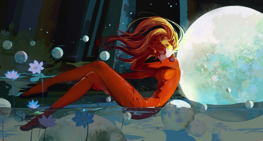 1girl absurdres bodysuit brown_hair closed_eyes evangelion:_3.0_you_can_(not)_redo floating_hair flower hand_up highres long_hair mecha_pilot_suit neon_genesis_evangelion partially_submerged plugsuit_(evangelion) profile purple_flower rebuild_of_evangelion red_bodysuit shan_gui_yu_yao solo souryuu_asuka_langley wide_shot