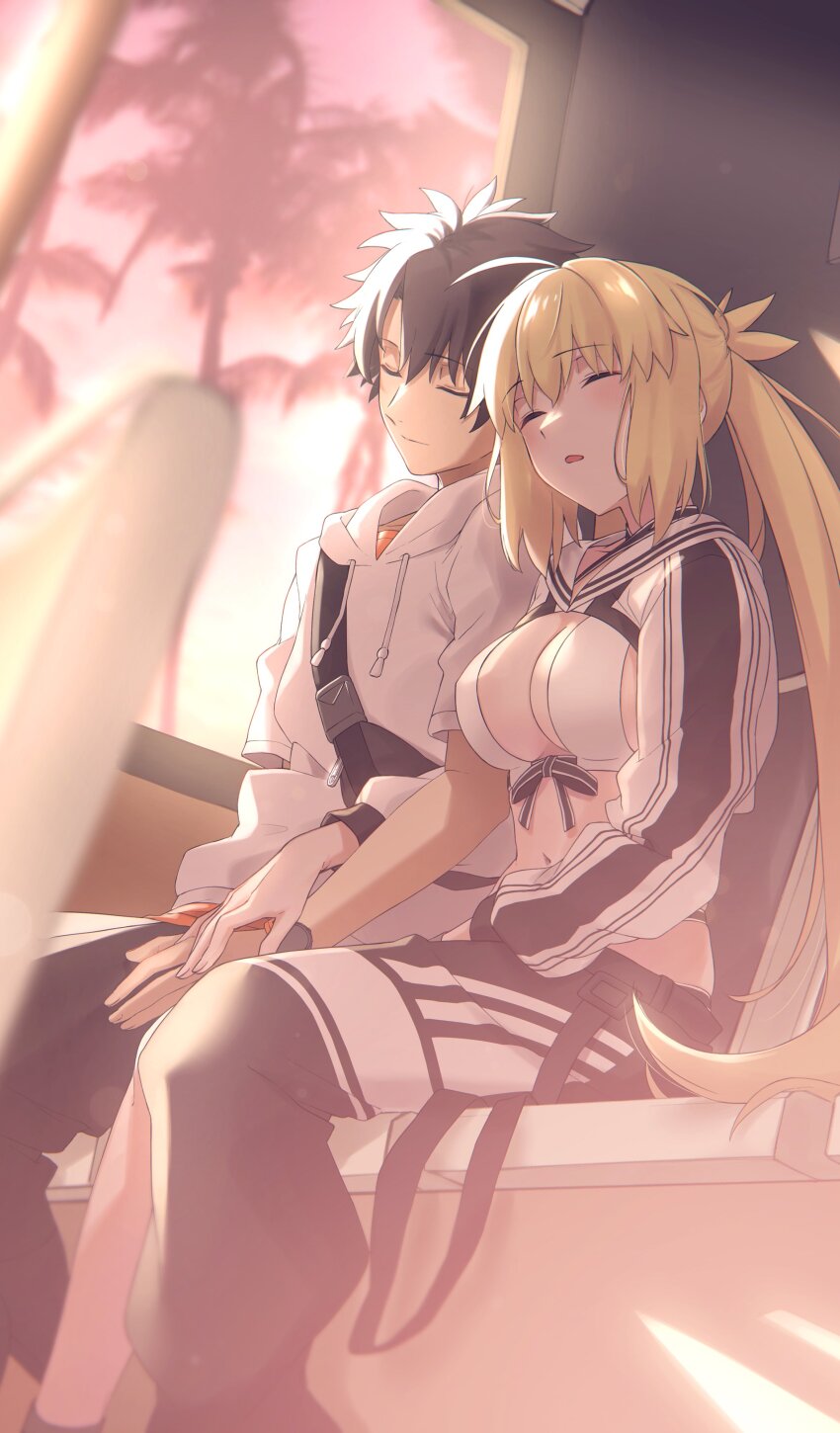 1boy 1girl absurdres ahoge artoria_caster_(fate) artoria_caster_(swimsuit)_(fate) artoria_caster_(swimsuit)_(first_ascension)_(fate) artoria_caster_(swimsuit_berserker)_(fate) artoria_caster_(swimsuit_berserker)_(first_ascension)_(fate) artoria_pendragon_(fate) asymmetrical_clothes black_hair black_pants blonde_hair breasts cleavage closed_eyes commentary_request commission cropped_jacket fate/grand_order fate_(series) fujimaru_ritsuka_(male) fujimaru_ritsuka_(male)_(summer_street) highres holding_hands hood hood_down hooded_jacket hoodie jacket kpaoi long_hair long_sleeves medium_breasts navel official_alternate_costume pants shadow short_hair short_sleeves single_pantsleg sitting skeb_commission sleeping sunlight swimsuit twintails very_long_hair white_hoodie white_jacket window