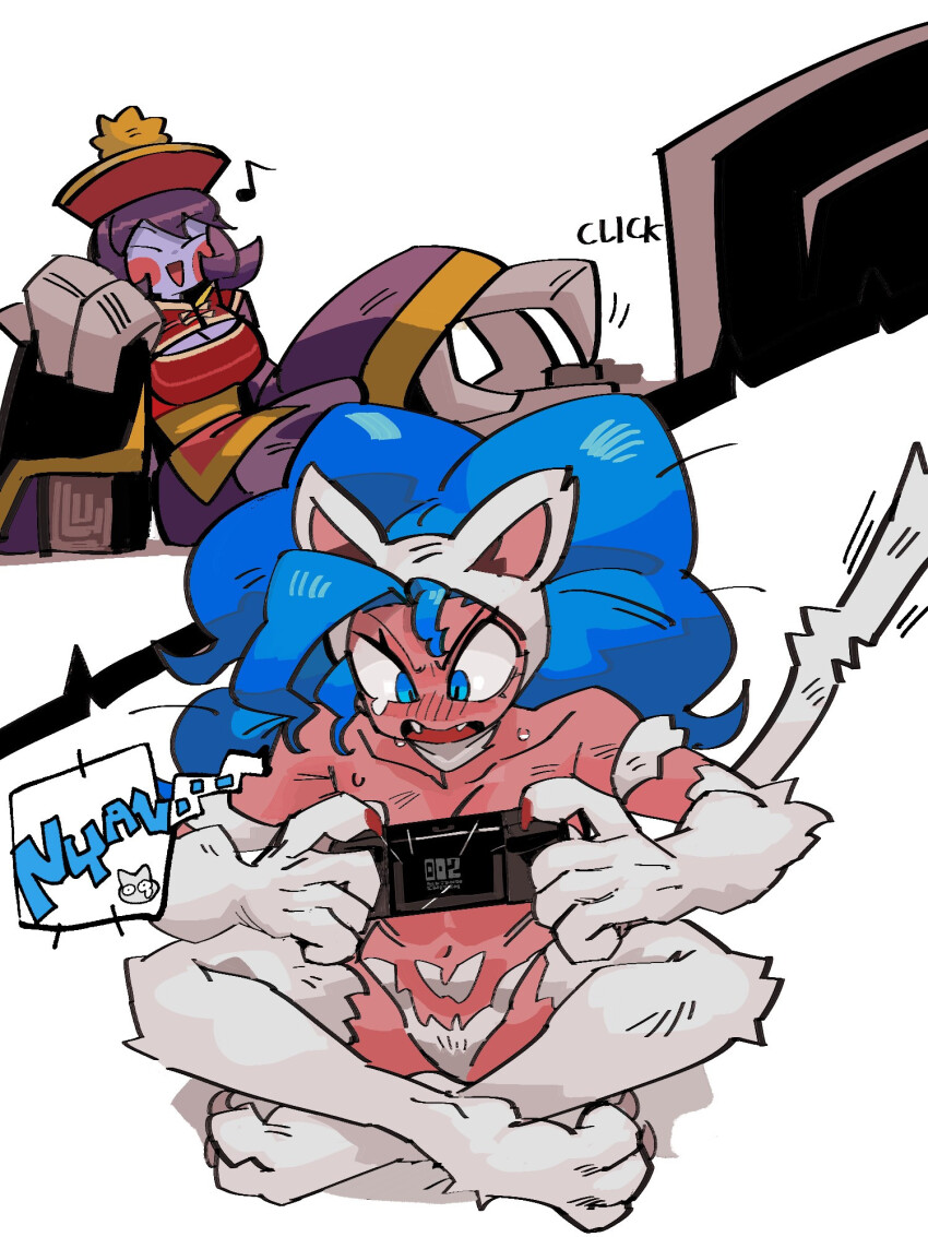 2girls 33dot angry animal_ears animal_hands blue_eyes blue_skin breasts cat_ears cat_tail claws colored_skin darkstalkers fangs felicia_(darkstalkers) hat highres hsien-ko large_breasts multiple_girls nintendo_switch_2 pants playing_games sitting tail white_fur wide_sleeves