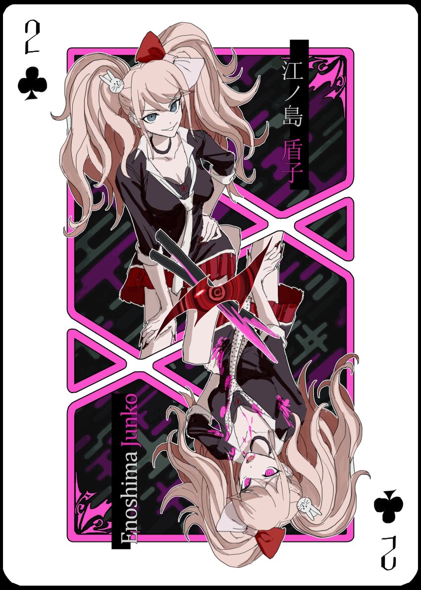 1girl absurdres black_shirt blonde_hair blood blue_eyes breasts card_(medium) character_name cleavage collarbone cosplay danganronpa:_trigger_happy_havoc danganronpa_(series) enoshima_junko enoshima_junko_(cosplay) hair_ornament hand_on_own_hip highres hua_ze_you ikusaba_mukuro large_breasts leaning_forward looking_at_viewer miniskirt multiple_views nail_polish pink_blood pink_eyes polka_dot_necktie rabbit_hair_ornament red_eyes red_nails red_skirt shirt skirt smile translation_request twintails white_background