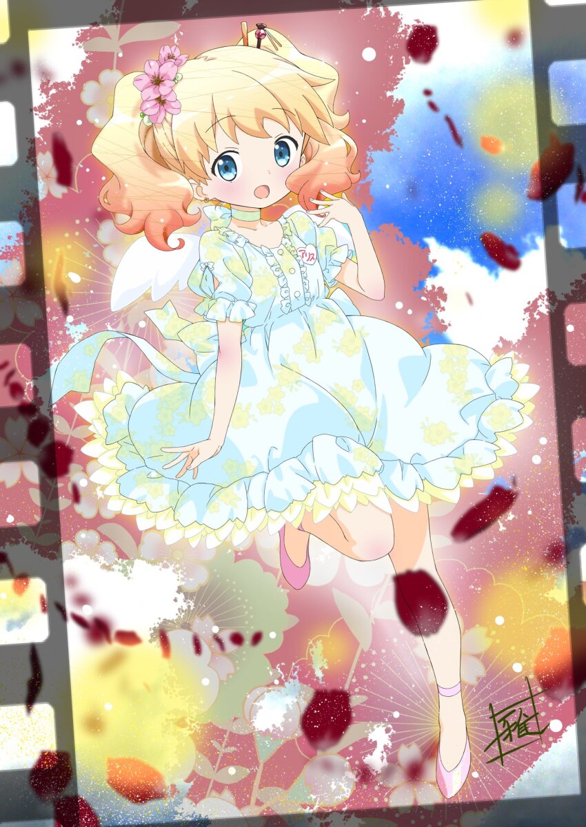 1girl :d abstract_background alice_cartelet artist_name ballet_slippers bare_legs blonde_hair blue_eyes bow bowtie choker chopsticks dress earrings falling_petals film_reel floral_background floral_print flower frilled_dress frilled_thigh_strap frills full_body hair_flower hair_ornament hand_up highres jewelry kin-iro_mosaic koseki_masaru leg_up light_blush looking_at_viewer medium_hair multicolored_hair official_art open_mouth outstretched_arm petals pink_hair pink_shoes shoes short_twintails signature smile solo thigh_strap twintails wavy_hair white_bow white_bowtie white_choker white_dress yellow_bow yellow_bowtie yellow_choker yellow_dress