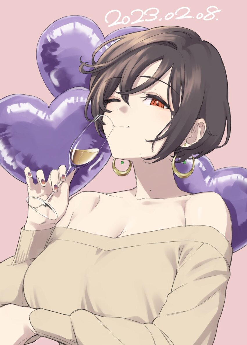 1girl ;) alcohol arm_under_breasts balloon bare_shoulders breasts brown_hair champagne champagne_flute cup dated drinking_glass earrings heart_balloon herio highres holding holding_cup hoop_earrings jewelry large_breasts long_sleeves looking_at_viewer mole mole_on_neck multicolored_nails nijisanji off-shoulder_sweater off_shoulder one_eye_closed orange_eyes shirayuki_tomoe shirayuki_tomoe_(4th_costume) short_hair signature smile solo sweater two-tone_nails upper_body virtual_youtuber yellow_sweater