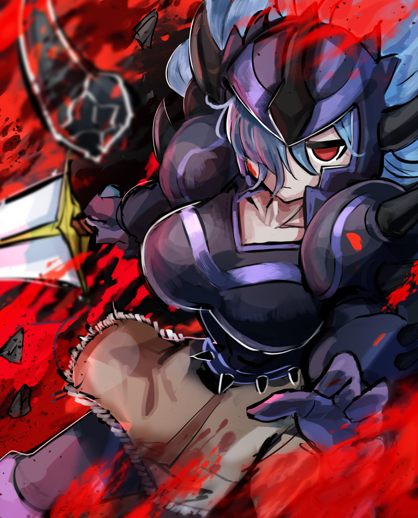 1girl armor blank_eyes blood blood_splatter blue_hair dragon_core_hexer duel_monster expressionless hatano_kiyoshi helmet highres holding holding_sword holding_weapon looking_at_viewer red_eyes solo sword weapon yu-gi-oh!