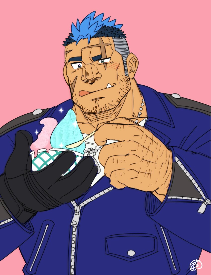 1boy bara beard_stubble big_nose black_gloves blue_hair blue_jacket chiseled_face ei_(marutendon) facial_hair facing_viewer fang food gloves hand_hair highres holding holding_food holding_ice_cream holding_spoon ice_cream jacket jewelry leather leather_jacket licking_lips live_a_hero looking_at_food male_focus mature_male multicolored_hair muscular muscular_male necklace pink_background scar scar_across_eye scar_on_face scar_on_forehead short_hair sideburns simple_background single_glove solo sparkle spoon stubble thick_eyebrows tongue tongue_out tusks two-tone_hair upper_body yoshiori_(live_a_hero)