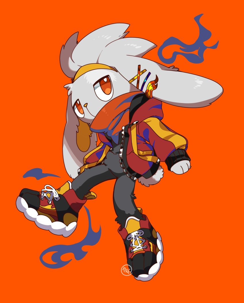 bright_pupils clothed_pokemon commentary_request creatures_(company) full_body game_freak gen_8_pokemon grey_fur highres jacket kamota_(momokomati) legs_apart long_sleeves looking_up nintendo no_humans open_clothes open_jacket orange_background orange_eyes pokemon pokemon_(creature) pokemon_focus raboot shoes simple_background sneakers solo white_pupils zipper