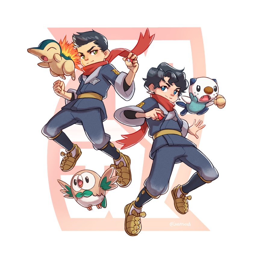 2boys absurdres black_hair blue_eyes closed_mouth commentary_request cosplay costume crossover cyndaquil damian_wayne dc_comics fangs fire floating_scarf galaxy_expedition_team_survey_corps_uniform gen_2_pokemon gen_5_pokemon gen_7_pokemon green_eyes highres hisuian_poke_ball holding holding_poke_ball jonathan_kent justnetd looking_at_viewer male_focus multiple_boys nintendo open_mouth oshawott poke_ball pokemon pokemon_legends:_arceus red_scarf rei_(pokemon) rei_(pokemon)_(cosplay) rowlet scarf short_hair simple_background smile starter_pokemon_trio super_sons