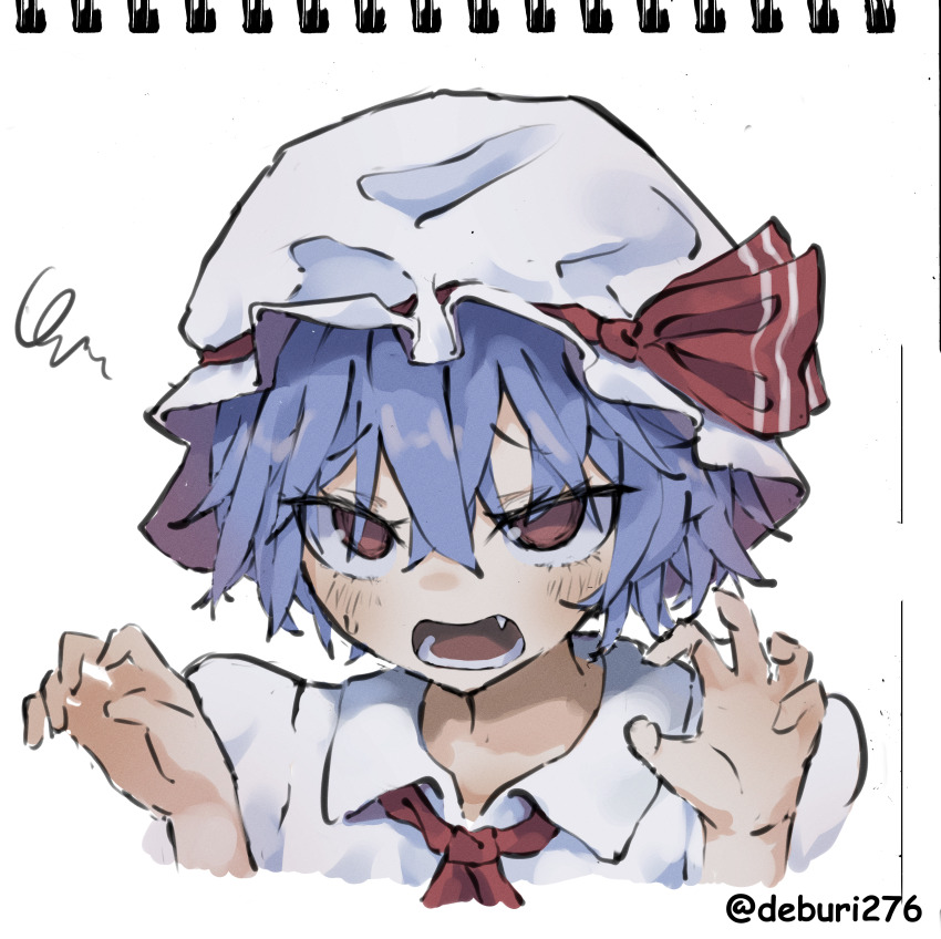 1girl absurdres ascot blush claw_pose collared_shirt crossed_bangs deburi276 embarrassed fang frilled_hat frills hair_between_eyes hands_up hat hat_ribbon highres mob_cap open_mouth purple_hair red_ascot red_eyes red_ribbon remilia_scarlet ribbon shirt simple_background solo squiggle sweatdrop touhou twitter_username white_background white_hat white_shirt
