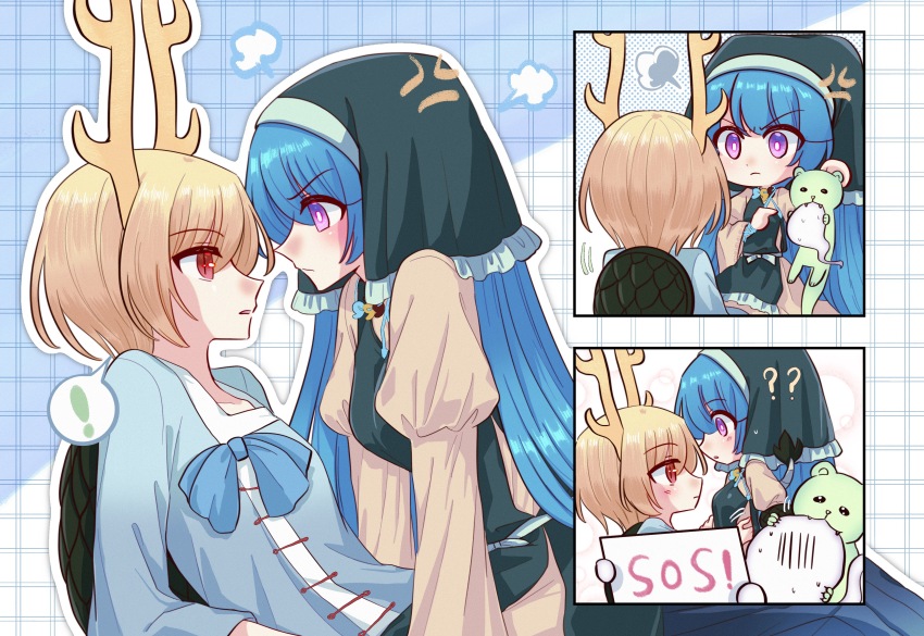 ! 2girls ? ?? absurdres anger_vein antlers apron aqua_apron aqua_headwear black_headscarf blue_bow blue_hair blue_shirt blush bow breasts chinese_commentary closed_mouth commentary_request dress frilled_apron frills frown haniyasushin_keiki headscarf highres horns jewelry juliet_sleeves kicchou_yachie long_hair long_sleeves magatama magatama_necklace mask_(boring_mask) multiple_girls necklace open_mouth otter_spirit_(touhou) puffy_sleeves purple_eyes shirt short_hair slit_pupils small_breasts sos spoken_exclamation_mark sweat touhou turtle_shell v-shaped_eyebrows yellow_dress