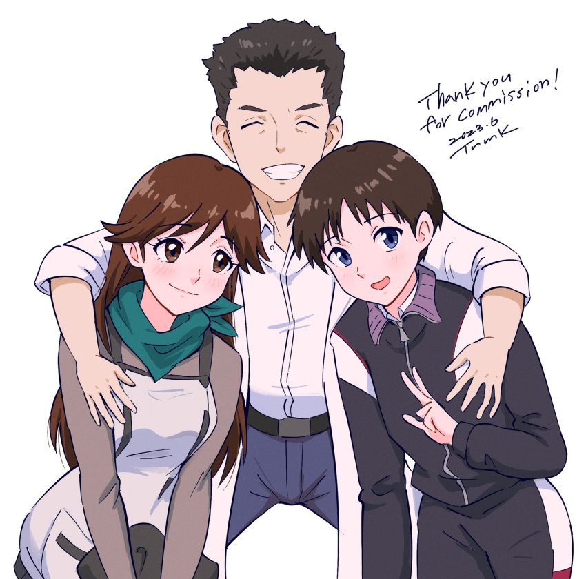 1girl 2boys black_hair blue_eyes blush breasts brother_and_sister brown_eyes brown_hair closed_eyes coat evangelion:_3.0+1.0_thrice_upon_a_time friends grin highres ikari_shinji long_hair looking_at_viewer medium_breasts multiple_boys neon_genesis_evangelion rebuild_of_evangelion siblings smile standing suzuhara_sakura suzuhara_touji track_suit v
