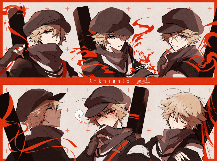 1boy arknights black_gloves black_headwear black_jacket brown_hair newsboy_cap copyright_name fingerless_gloves gloves grey_background hair_between_eyes hand_up hat highres jacket multiple_views oonohara_kenya open_clothes open_jacket red_(npc)_(arknights) red_eyes shirt white_shirt