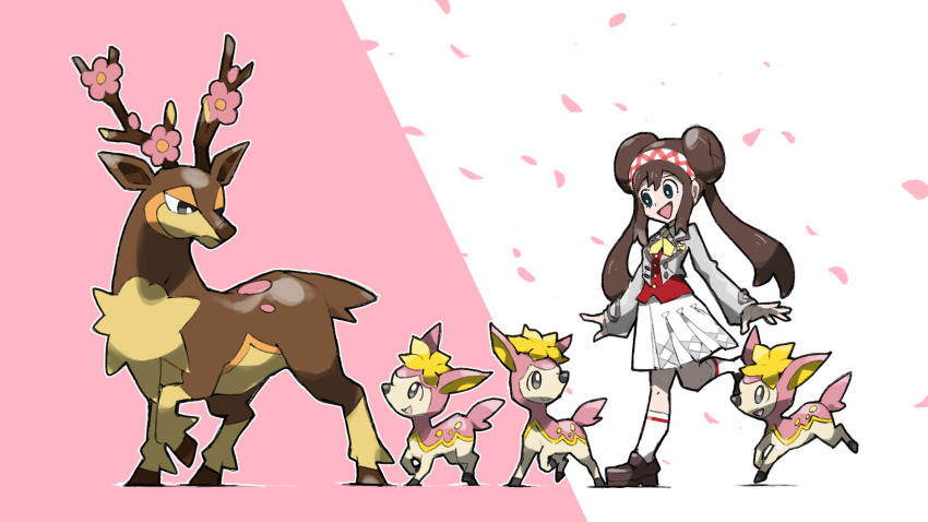 :d blacknirrow blue_eyes bright_pupils brown_hair brown_shoes closed_mouth collared_jacket creatures_(company) deerling deerling_(spring) double_bun evolutionary_line eyelashes flower full_body game_freak gen_5_pokemon grey_eyes grey_jacket hair_bun hairband highres jacket long_hair long_sleeves neckerchief nintendo official_alternate_costume open_clothes open_jacket open_mouth outline pink_background pink_flower pink_petals pokemon pokemon_(creature) pokemon_masters_ex red_shirt rosa_(academy)_(pokemon) sawsbuck sawsbuck_(spring) school_uniform shirt shoes simple_background skirt smile socks standing standing_on_one_leg twintails two-tone_background white_background white_outline white_pupils white_skirt white_socks yellow_flower yellow_neckerchief
