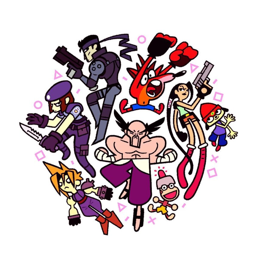 2girls 6+boys anniversary bandana bare_shoulders beanie belt beret black_hair blue_pants bodysuit boots braid brown_gloves brown_hair circle clenched_hands cloud_strife combat_knife crash_bandicoot crash_bandicoot_(series) dog_boy facial_hair final_fantasy final_fantasy_vii fingerless_gloves full_body furry furry_male game_console geta gloves grey_bodysuit gun hakama hakama_skirt handgun hat helmet highres holster japanese_clothes jill_valentine knife lara_croft long_hair looking_at_viewer male_focus metal_gear_(series) mishima_heihachi monkey multiple_boys multiple_girls muscular muscular_male mustache pants parappa parappa_the_rapper playstation_1 pointy_hair red_footwear resident_evil resident_evil_1 s.t.a.r.s._uniform sandals saru_getchu scar sfbdim shoes shorts simple_background skirt solid_snake solo square tank_top tekken thigh_holster tomb_raider tongue toon_(style) topless_male triangle vambraces weapon white_background x