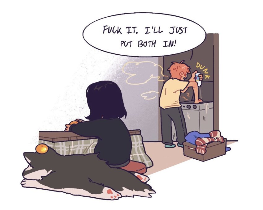 1boy 1girl black_hair black_shirt bleach_(chemical) blonde_hair chainsaw_man denji_(chainsaw_man) detergent dreamisoup english_text husky kotatsu laundry laundry_basket nayuta_(chainsaw_man) shirt short_hair speech_bubble table top-load_washing_machine washing_machine