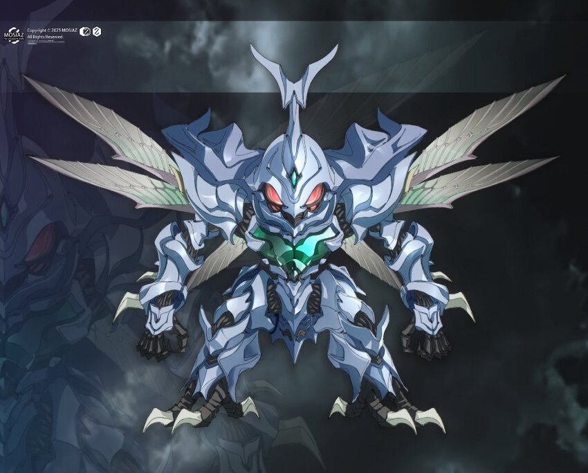 arms_at_sides artist_name chibi chinese_commentary commentary_request dunbine full_body highres insect_wings looking_at_viewer mecha mecha_focus mosiaz328 no_humans red_eyes redesign robot science_fiction seisenshi_dunbine standing wings zoom_layer