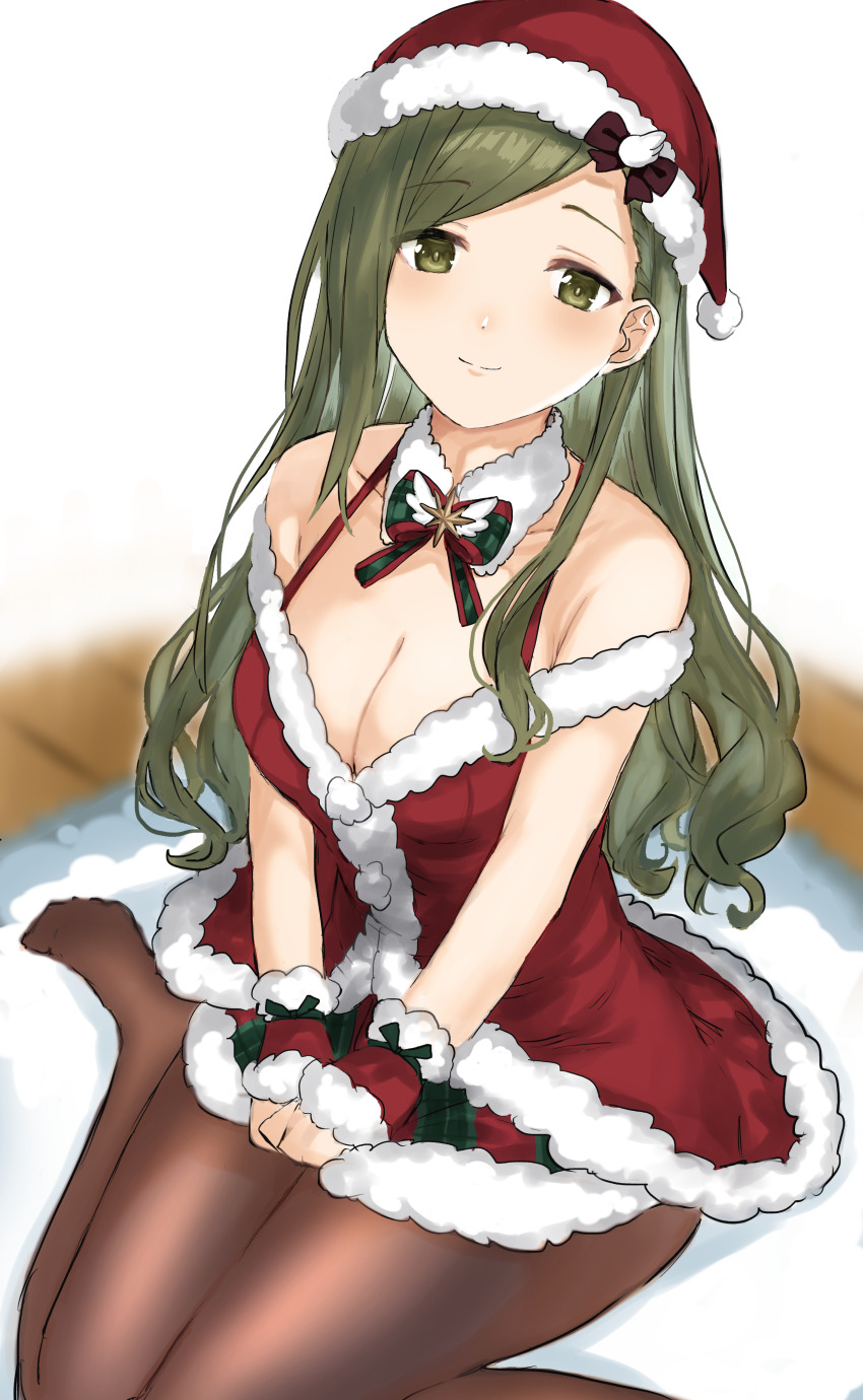 1girl absurdres alternate_hairstyle bare_shoulders blurry blurry_background blush bow bowtie breasts brown_bow brown_pantyhose cleavage clenched_hands closed_mouth collarbone commentary detached_collar dot_nose dress_bow fur-trimmed_shirt fur-trimmed_skirt fur-trimmed_wristband fur_collar fur_trim green_bow green_bowtie green_eyes green_hair halterneck hands_on_own_thighs hat hat_bow highres idolmaster idolmaster_shiny_colors kakeru_(fujiwara_kakeru) large_breasts long_hair looking_at_viewer nanakusa_hazuki off-shoulder_shirt off_shoulder pantyhose pom_pom_(clothes) red_bow red_bowtie red_shirt red_skirt sailor_collar santa_costume santa_hat shirt sitting skirt smile solo swept_bangs two-tone_bow two-tone_bowtie wariza white_background white_sailor_collar wing_hat_ornament wooden_floor wristband