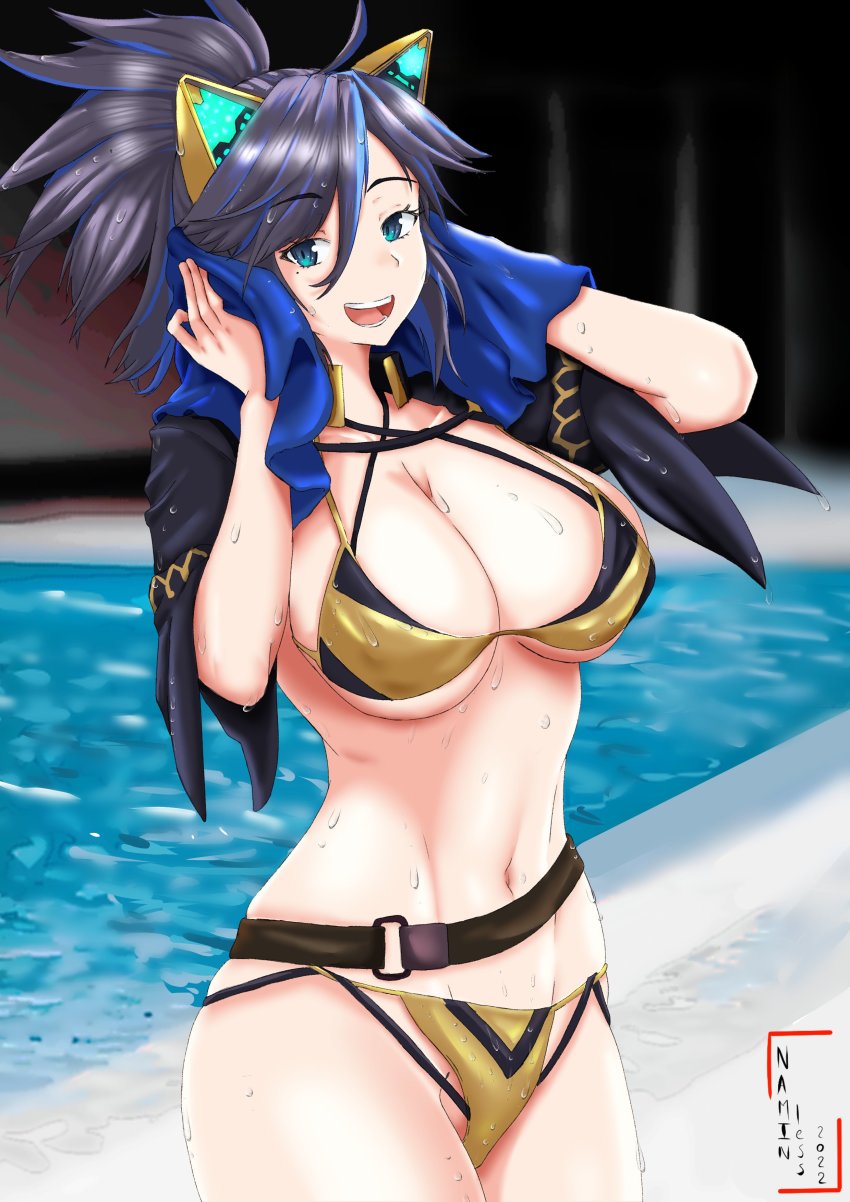 1girl absurdres animal_ears artist_name belt bikini black_jacket blue_eyes blue_hair breasts brown_belt cat_ears cleavage commentary cyberpunk drying drying_hair english_commentary fake_animal_ears glasses highres jacket kson kson_(swimsuit) large_breasts lessnamin long_hair looking_at_viewer mole mole_under_eye multicolored_bikini multicolored_hair navel open_mouth ponytail pool purple_hair streaked_hair swimsuit towel two-tone_bikini virtual_youtuber vshojo water wet