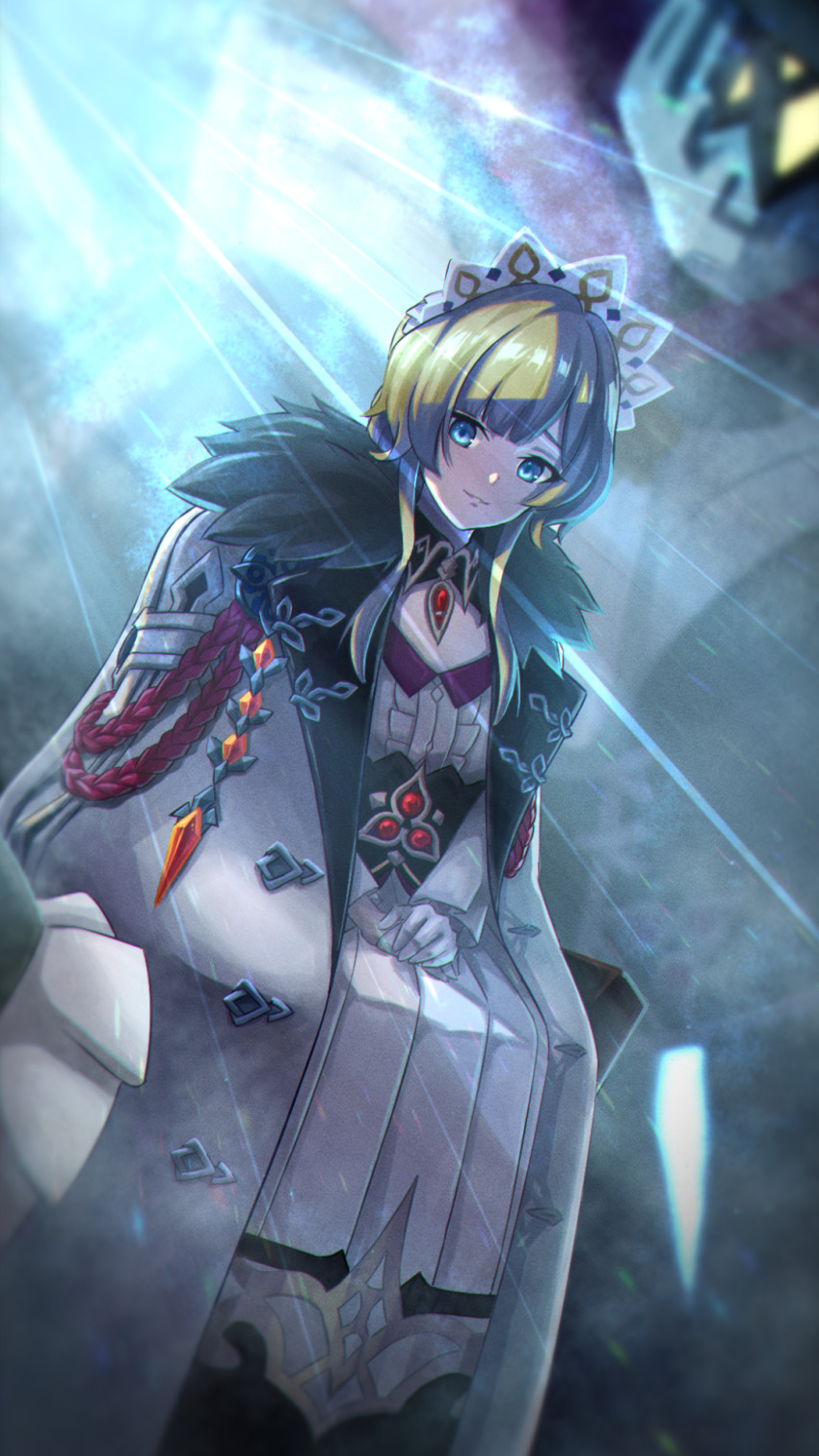 1bitheart 1girl 1other brown_hair coat collar genshin_impact headdress highres long_hair looking_at_viewer mio_kabura robot sandrone_(genshin_impact) shirt sitting skirt white_shirt white_skirt