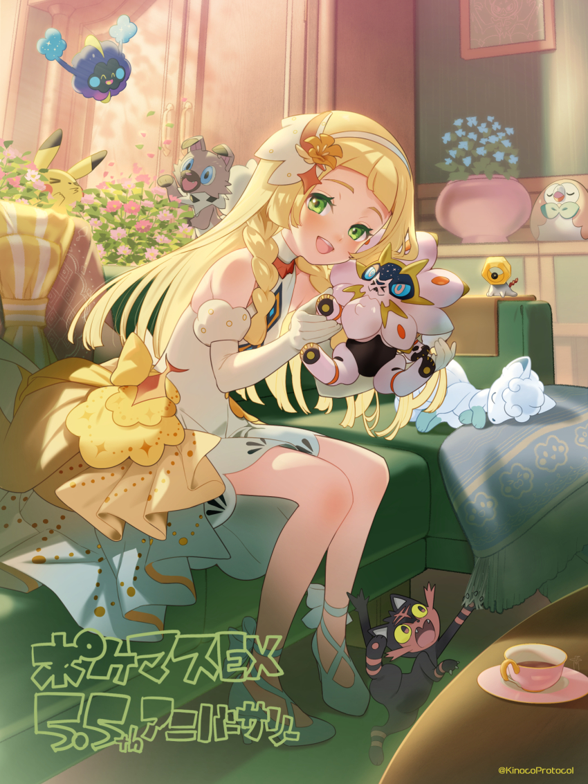alolan_form alolan_vulpix blonde_hair cosmog gen_1_pokemon gen_7_pokemon green_eyes highres kinocopro legendary_pokemon lillie_(anniversary_2024)_(pokemon) lillie_(pokemon) meltan mythical_pokemon nintendo official_alternate_costume open_mouth pikachu pokemon pokemon_masters_ex rockruff rowlet solgaleo