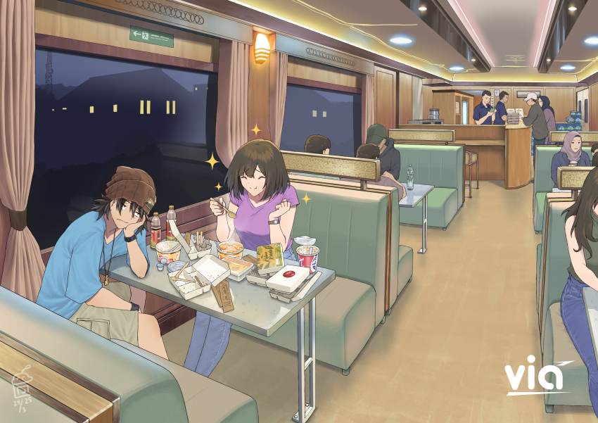 1boy 1girl absurdres aldo_(yudhacakranidji) beanie black_eyes black_hair blue_pants blue_shirt booth_seating breasts brown_hair brown_hat brown_shorts closed_eyes closed_mouth commentary curtains denim diner eating elbow_rest empty_food_container english_commentary hand_on_own_cheek hand_on_own_face hat head_rest highres holding holding_spoon indoors jeans jewelry medium_breasts nayla_(yudhacakranidji) necklace night original pants people purple_shirt revision shirt short_hair short_sleeves shorts signature sitting soy_sauce_bottle sparkle spoon t-shirt table tooth_necklace train_interior watch wide_shot window wristband wristwatch yudhacakranidji
