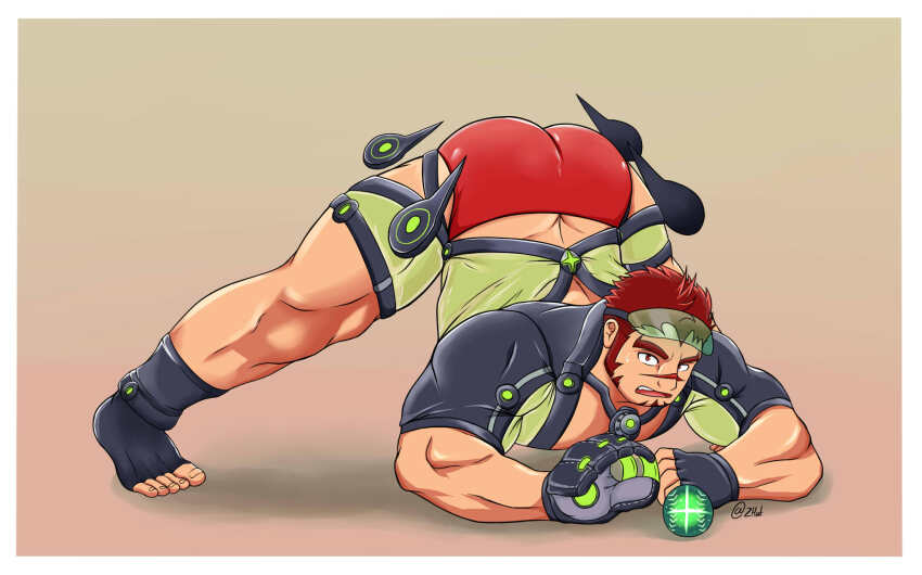 1boy akashi_(live_a_hero) akashi_(water_bullet)_(live_a_hero) arm_rest ass bara baseball_glove bodysuit butt_crack diving_suit facial_hair full_body goatee green_male_swimwear hands_on_ground highres jack-o&#039;_challenge large_pectorals live_a_hero long_sideburns male_focus male_swimwear muscular muscular_male pectorals red_eyes red_hair red_male_swimwear scar scar_on_face scar_on_nose short_hair sideburns simple_background solo spread_legs stretching thick_eyebrows top-down_bottom-up wetsuit zhat_art